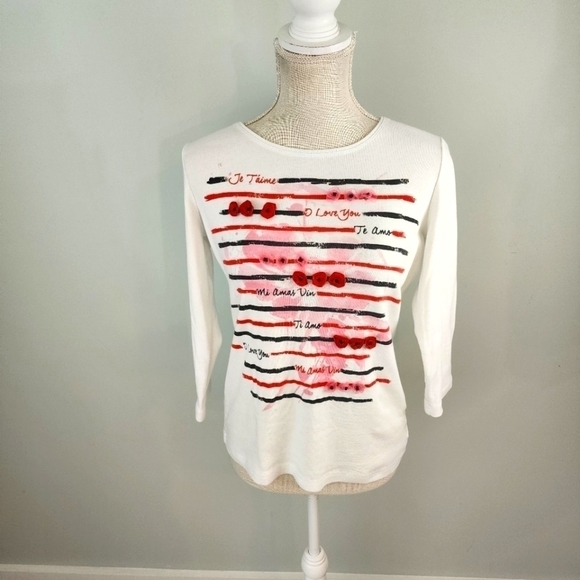 Rebecca Malone Three Quarter Sleeve Cotton Blend I Love You Top Size Small - Picture 3 of 8